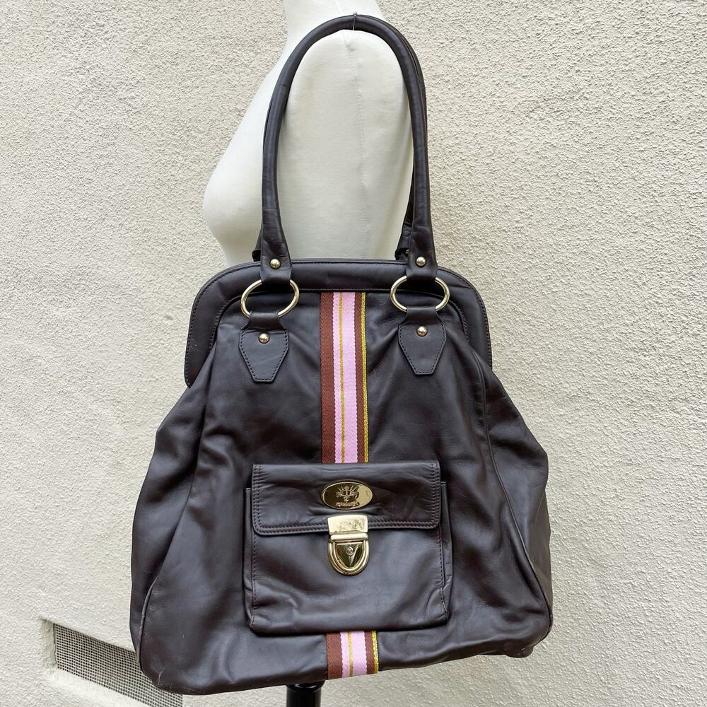 Christine Price Brown Leather Clamshell Bowling Shoulder Bag Racing Stripe